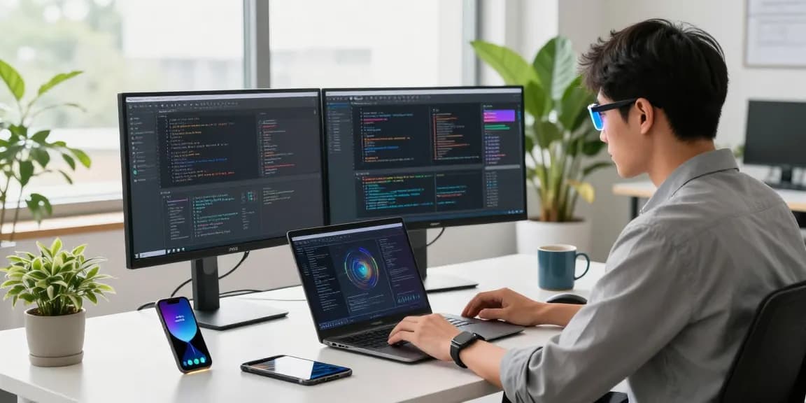 Developer wearing smart glasses at work, coding with dual monitors in a modern tech space.