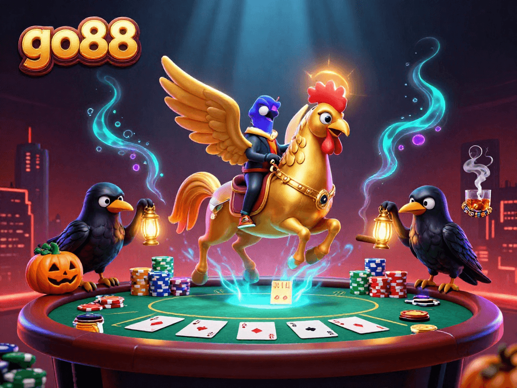 Experience the thrill of go88 in a vibrant casino scene featuring a golden rooster and poker elements.