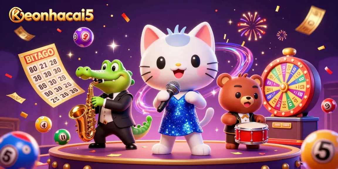 Join the excitement at keonhacai5 with colorful lottery balls and dynamic casino characters.