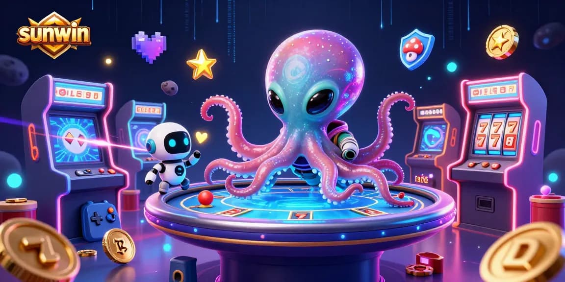 Join the fun with sunwin as an alien octopus runs an exciting poker game amidst vibrant casino elements.