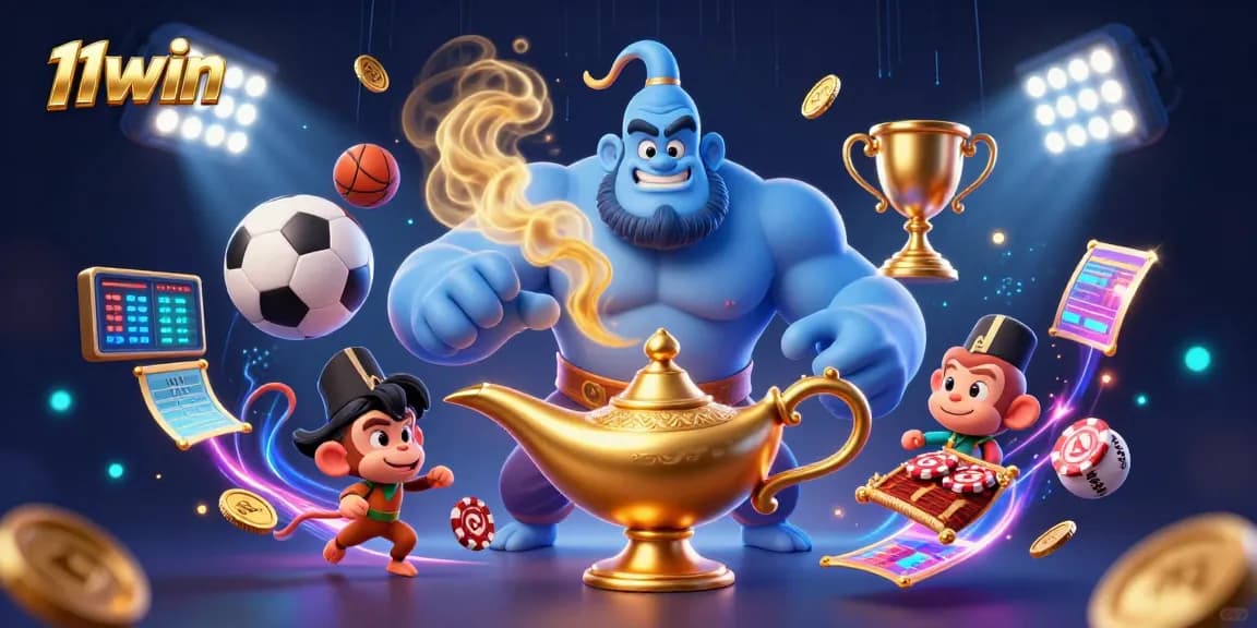 Experience endless fun with 11WIN’s dynamic sports betting scene featuring a genie, monkey, and dazzling elements.