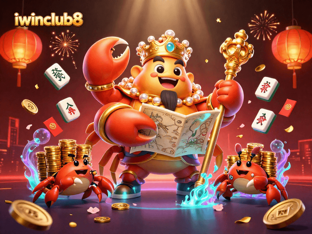 Win big with iwinclub8 as the golden crab emperor oversees festive gambling treasures.
