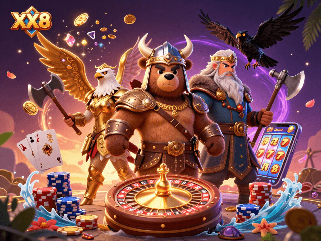 Experience the thrill of XX8 with Viking and Valkyrie characters amidst a dazzling casino scene.