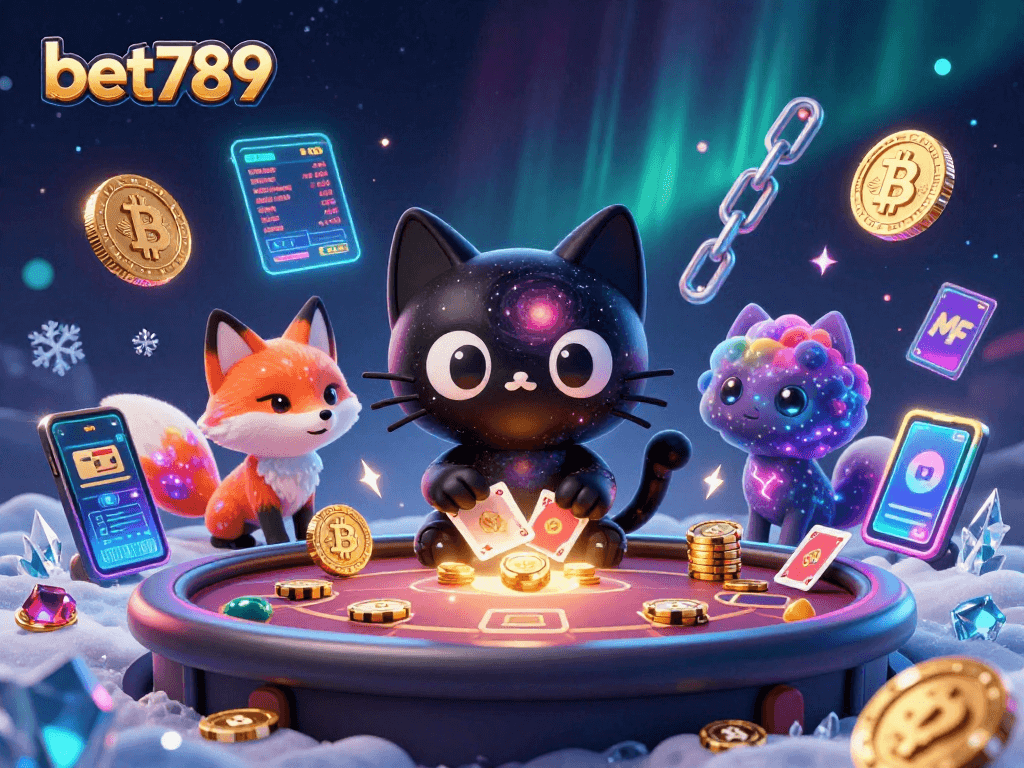 Engage with bet789 in a vibrant cosmic casino scene featuring a black hole cat and colorful gas fox.