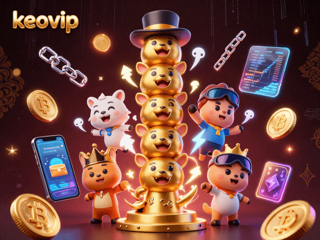Join the excitement with keovip's dynamic 3D casino elements featuring vibrant tokens and characters.