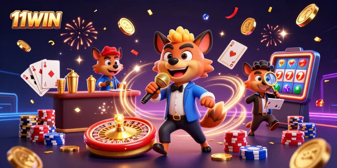 Engage with 11WIN's vibrant comedy casino scene featuring hyenas in action.