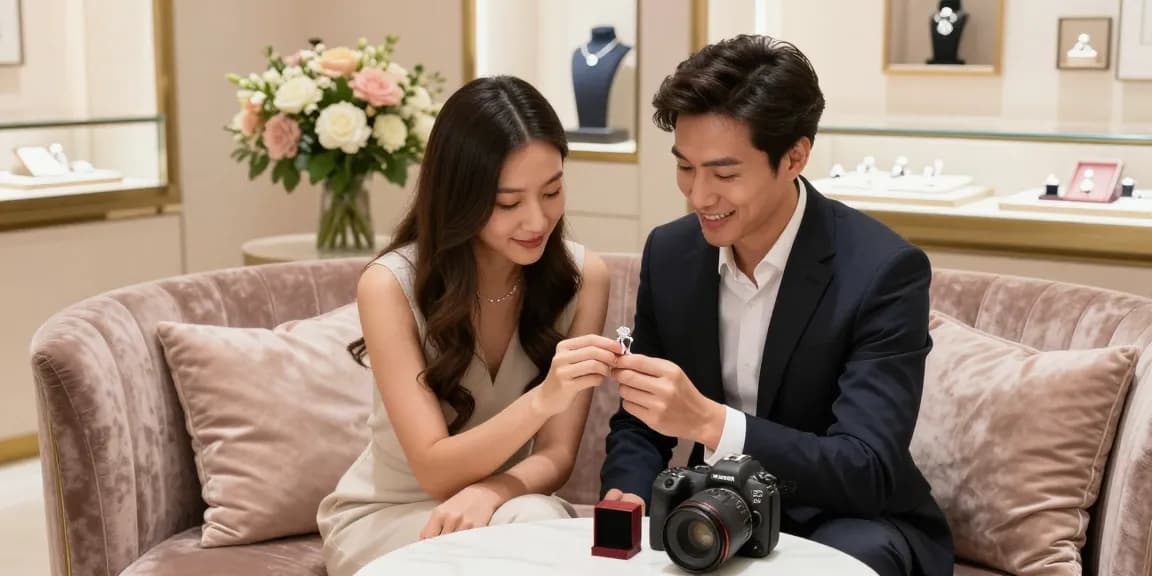 Close-up of a couple at a jewelry store admiring a solitaire diamond engagement ring.