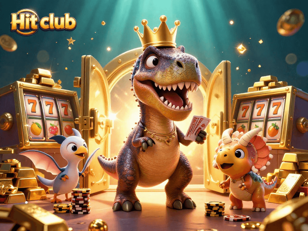 Hit club shows a friendly T-Rex shuffling cards surrounded by vibrant casino treasures and excitement.