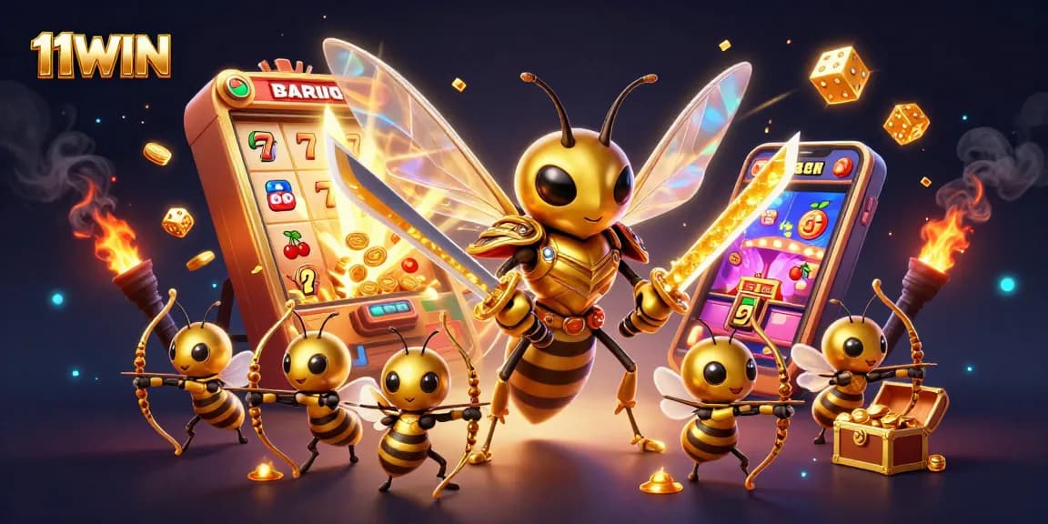 11WIN showcases a dynamic casino scene with golden hornet samurai and jackpot excitement.