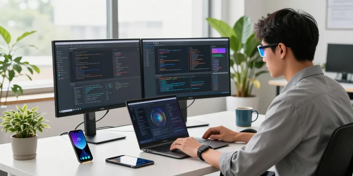 Developer wearing smart glasses at work, coding with dual monitors in a modern tech space.