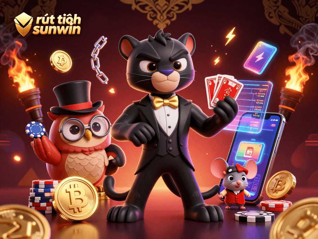 Engage with rút tiền sunwin through a vibrant scene featuring a tuxedoed panther dealing cards.