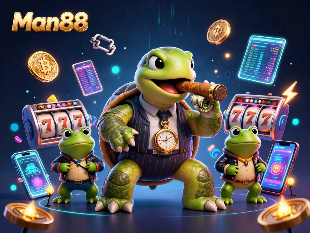Man88 showcases a dynamic illustration of a snapping turtle in a mobster suit and bullfrog enforcers amid vibrant casino elements.