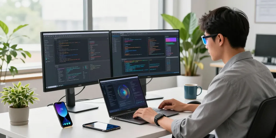 Developer wearing smart glasses at work, coding with dual monitors in a modern tech space.