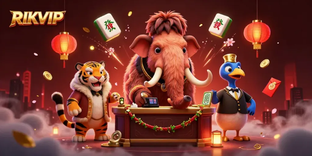 Experience the vibrant energy of RIKVIP with a dynamic casino scene featuring cartoon characters and soaring game elements.