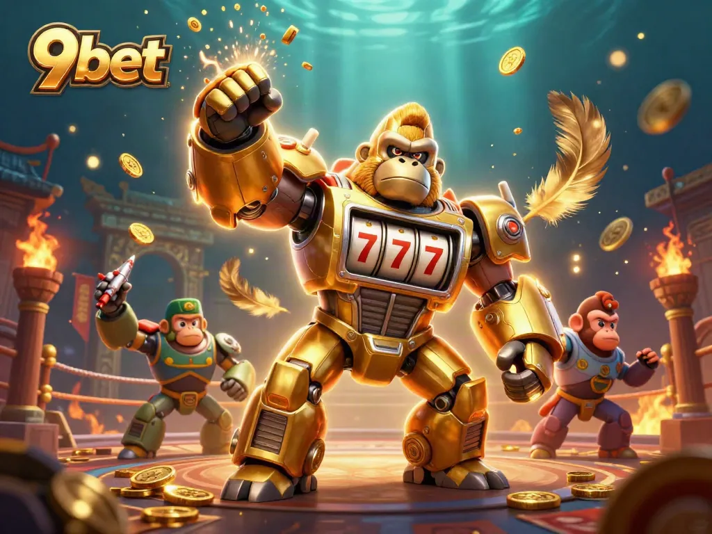 Engage in thrilling gameplay at 9bet with a dynamic 3D illustration showcasing a gorilla mech and vibrant casino elements.