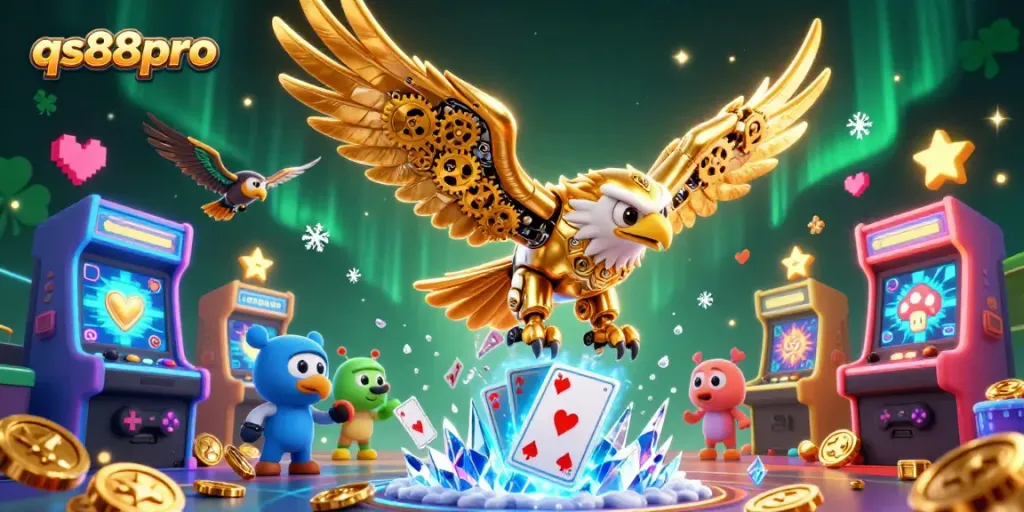 Engage in winning moments with qs88pro as a cybernetic eagle soars through vibrant holographic cards in a dynamic casino scene.