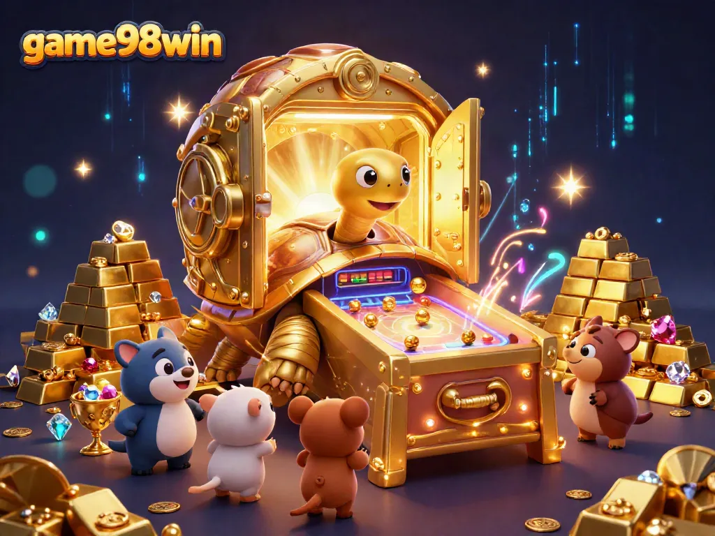game98win showcases exciting casino moments with a vibrant 3D illustration of a colossal tortoise and treasures.