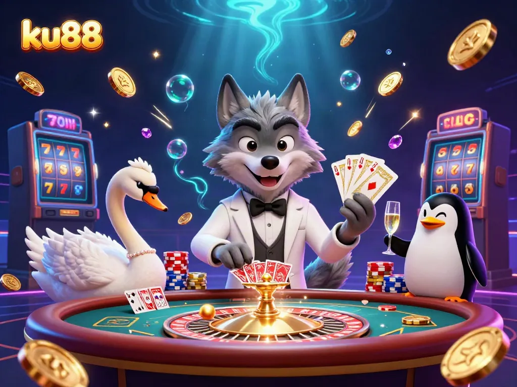 Engage in thrilling baccarat at ku88 with a debonair wolf dealer, elegant swan card dealer, and penguin sommelier.