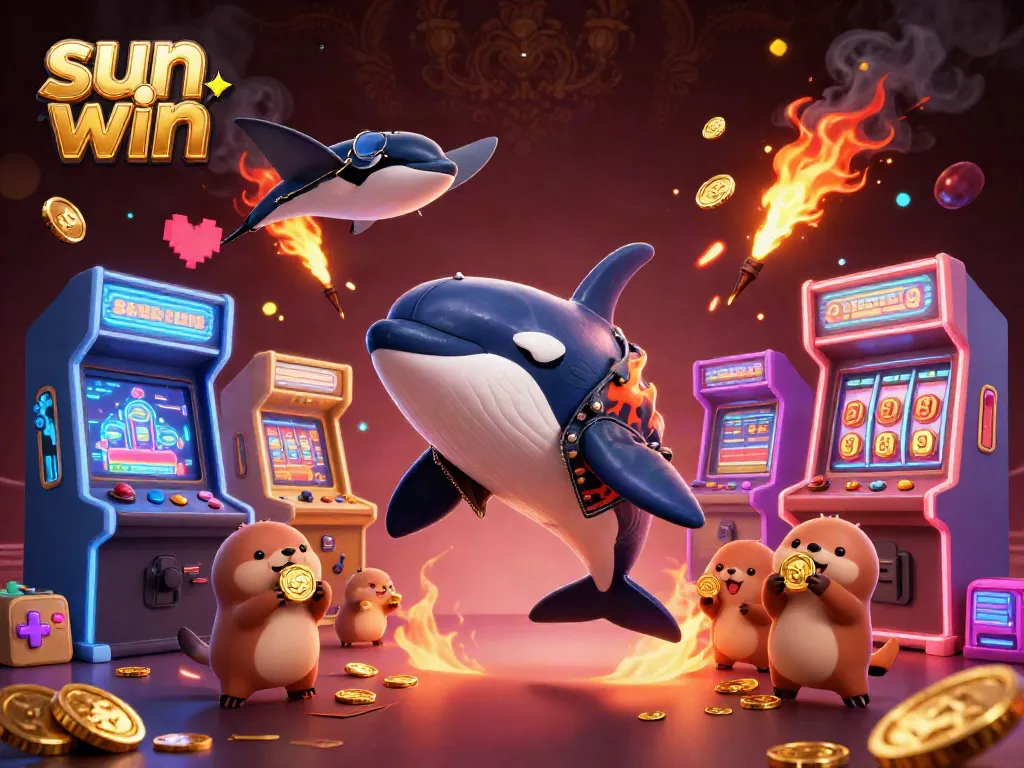 Experience the thrills of sun win with a vibrant scene of sea creatures celebrating wins with coins, arcade games, and a dynamic layout.