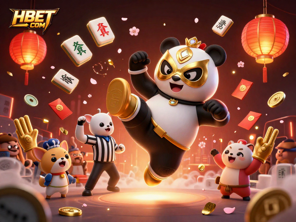 Unleash your luck with HBET COM as illustrated by a panda wrestler and exciting casino elements.