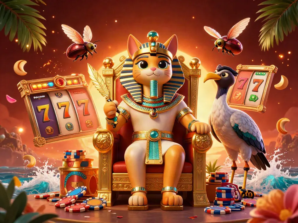 Engage with the thrilling casino atmosphere featuring "toto online" in an energetic scene with a pharaoh cat and gaming elements.