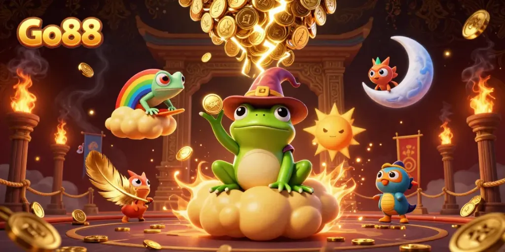 Experience the thrill of Go88 with magical characters creating a casino atmosphere of excitement and wealth.