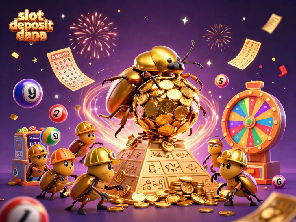 Experience thrilling gameplay with slot deposit dana in this vibrant 3D scene featuring a dung beetle and casino elements.
