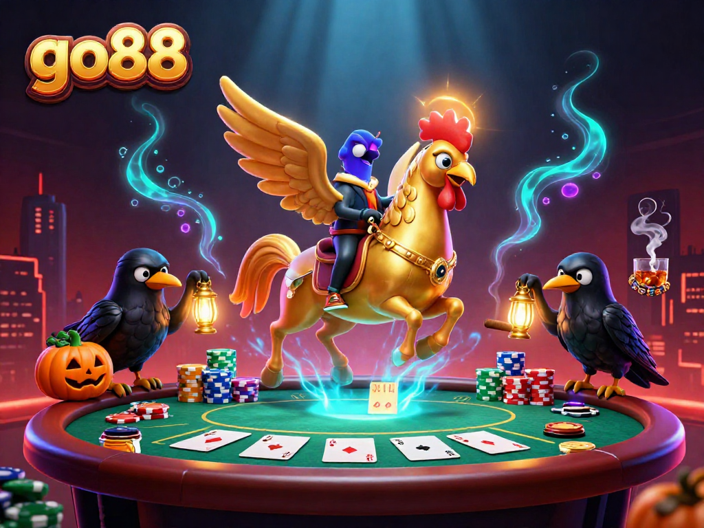 Experience the thrill of go88 in a vibrant casino scene featuring a golden rooster and poker elements.