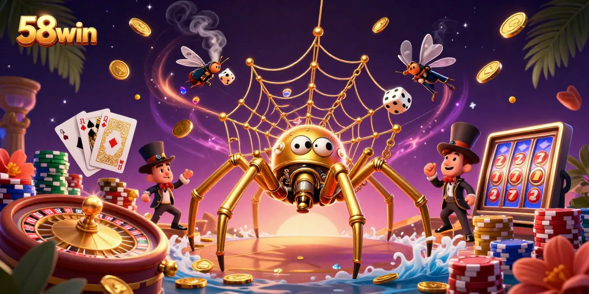 Engage with 58win's dynamic casino experience featuring immersive golden spider and rich game elements.