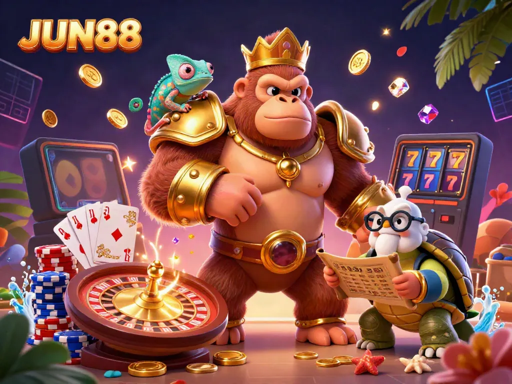 Experience the thrilling world of JUN88 with a 3D cartoon gorilla king, chameleon, and tortoise amidst epic casino elements.