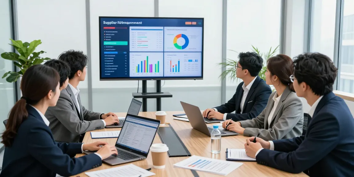 Team analyzing supplier performance management data in a modern corporate setting.