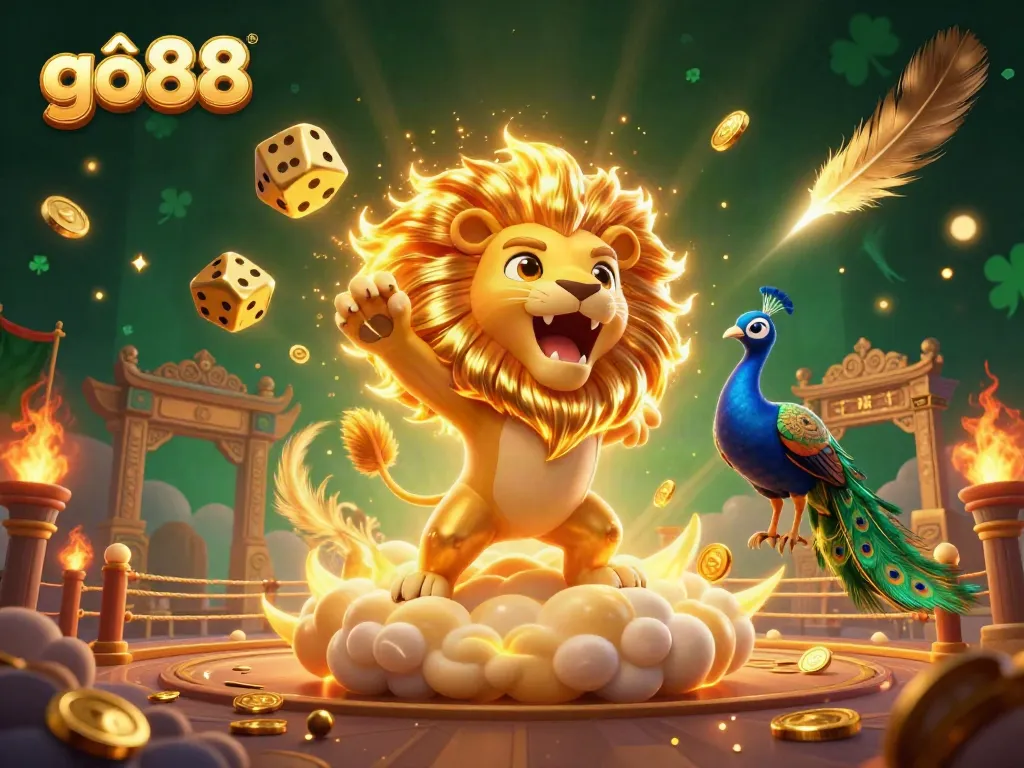 Experience gô88's vibrant gaming world with a roaring lion and dynamic casino action.