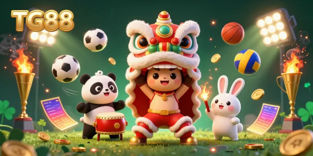Experience the vibrant action of TG88 with a festive lion dance and dynamic sports elements.