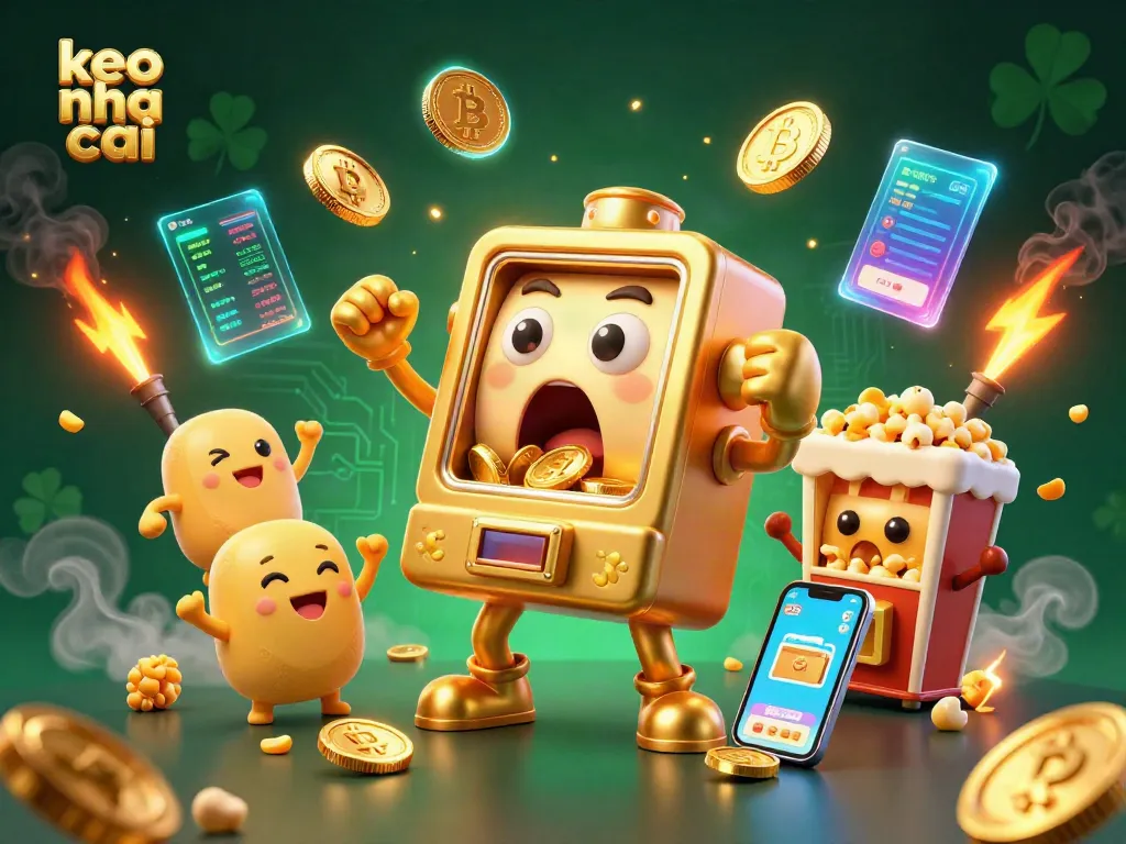 Engage with keo nha cai as a thrilled slot machine wins big amidst a vibrant scene of crypto elements.
