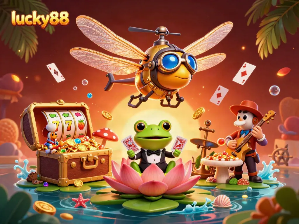 Win big with lucky88 in a vibrant casino scene featuring a dragonfly pilot and frog dealer.