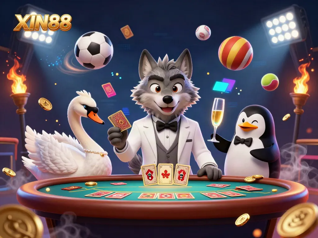 XIN88 presents an exciting casino scene with a debonair wolf at baccarat, a swan dealer, and coins flying.
