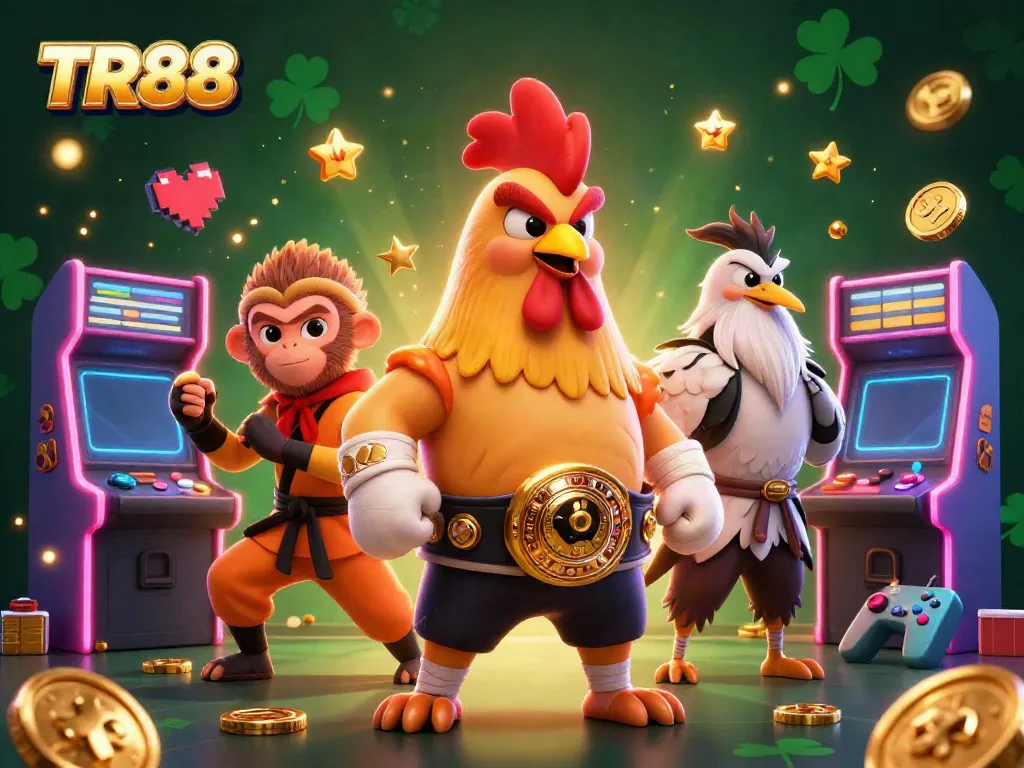 Experience TR88's thrilling online casino action with dynamic 3D characters, vibrant game elements, and captivating background.