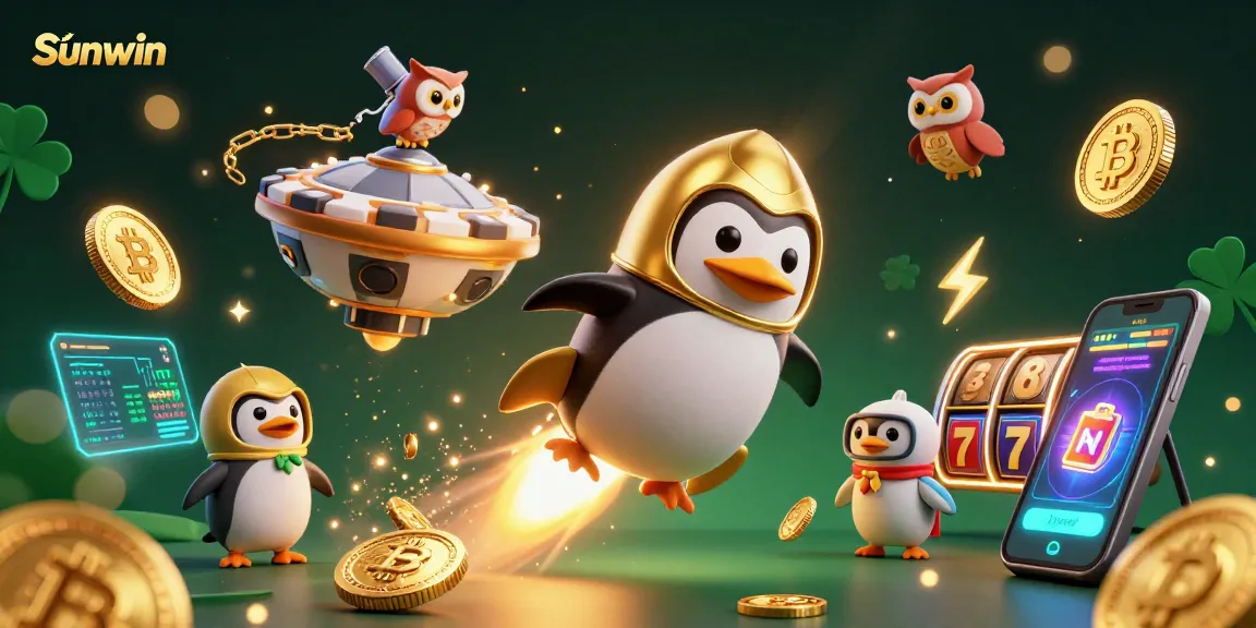 Experience thrilling gaming at Sunwin with a golden penguin and a casino spaceship amid a vibrant scene.