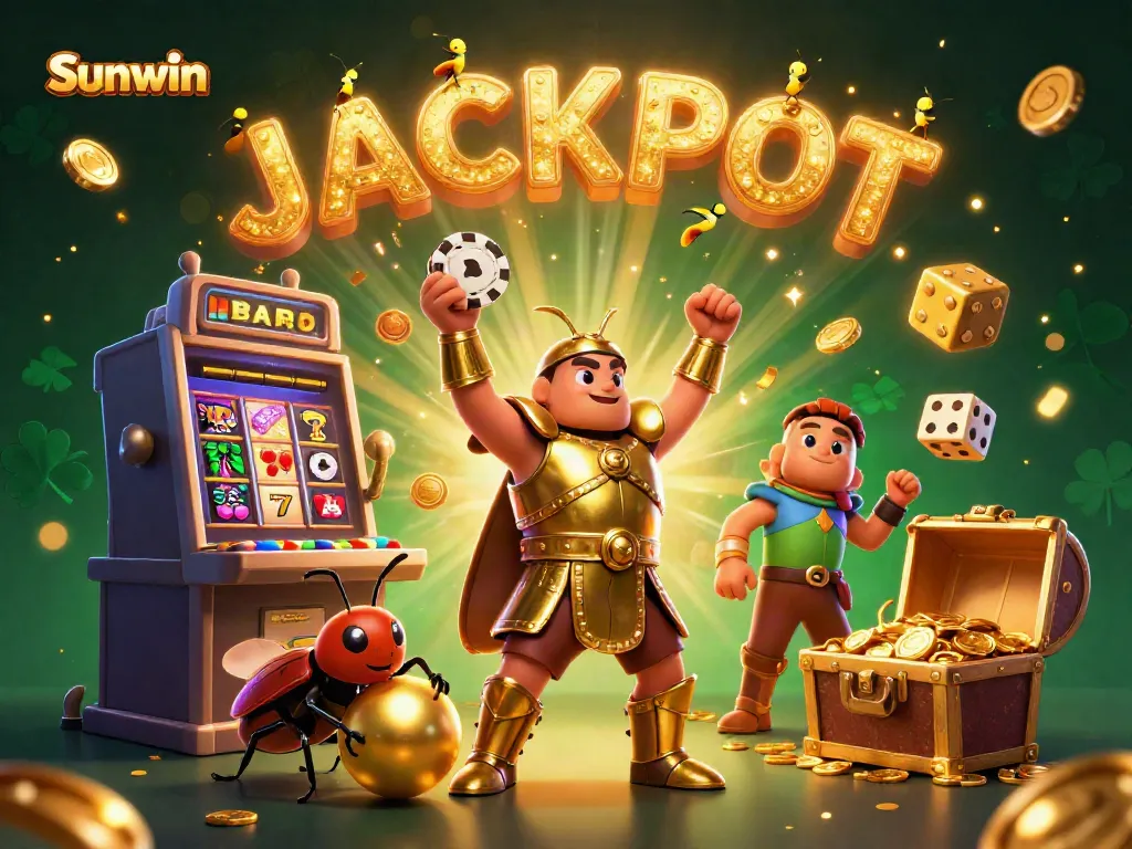 Experience the excitement of Sunwin with a triumph scene featuring our heroic beetle characters amidst a vibrant casino atmosphere.