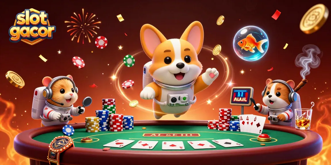 Experience thrilling slot gacor action with a vibrant 3D casino scene featuring animated corgi astronauts and rich gaming elements.