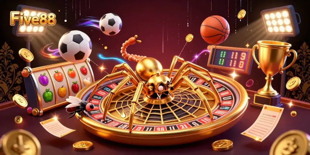 Engage in thrilling bets at Five88, where a golden spider spins a roulette wheel of excitement amidst dynamic sports betting elements.