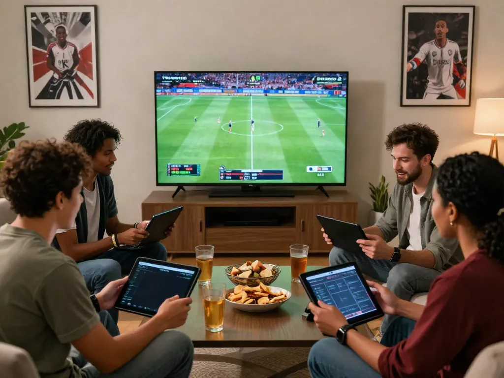 Diverse group enjoying z bet online sports betting in a lively living room setting.