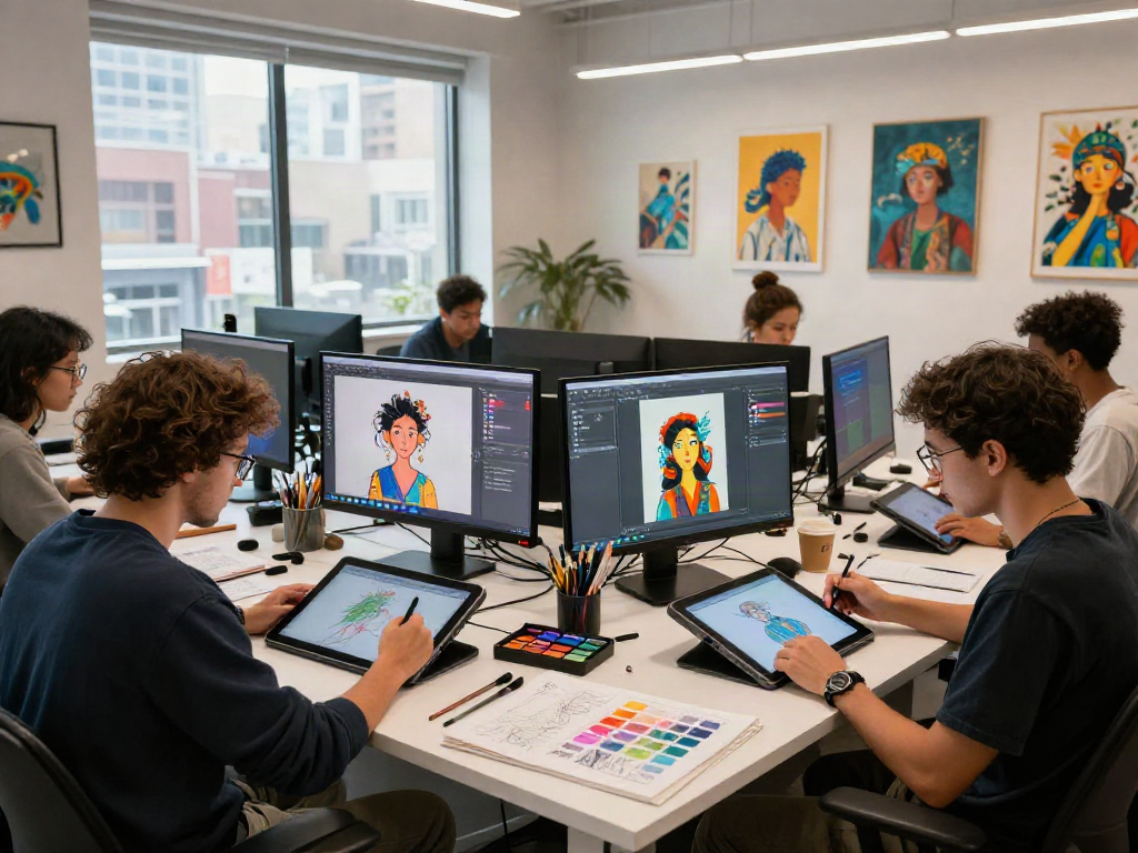 Dynamic digital art creation scene featuring NSFW AI illustrations, artists collaborating in a creative studio.