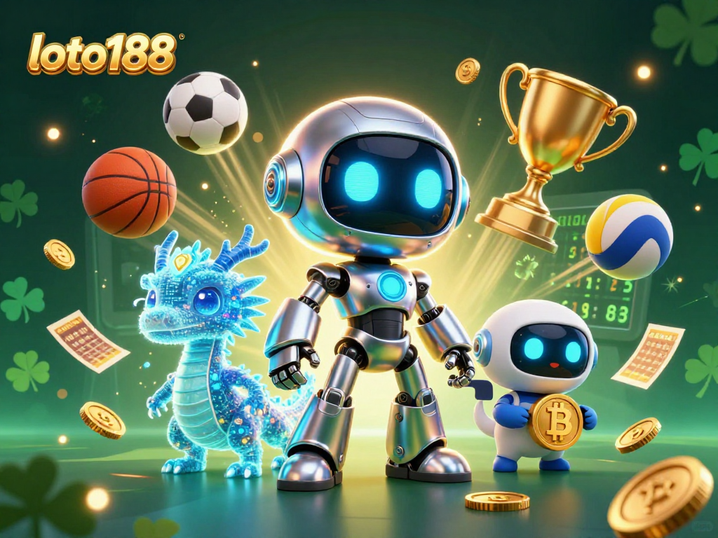 Engage with loto188 casino's vibrant 3D illustration showcasing dynamic sports betting elements and futuristic characters.