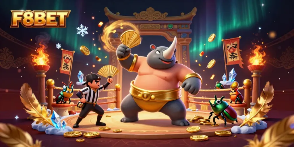 F8BET showcases a vibrant scene with a rhinoceros beetle champion celebrating a win, surrounded by cheering spectators.