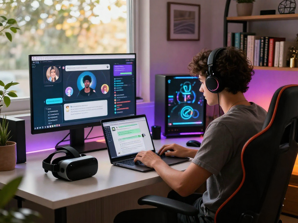 Engaging nsfw ai chat scene with a person using high-tech gadgets in a modern workspace.