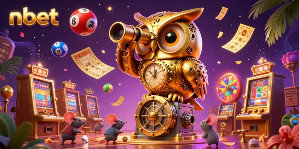 Experience the vibrant nbet casino scene with a golden owl overseeing exciting gaming elements and lively patrons.