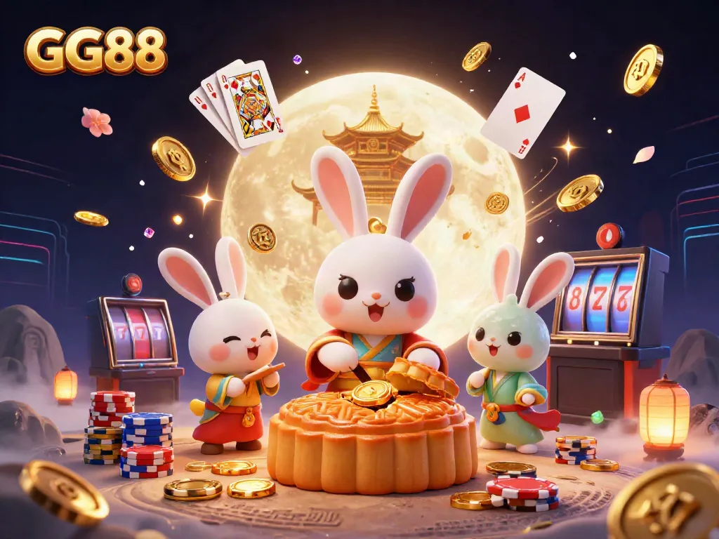 Experience the vibrant GG88 gaming universe with a moon rabbit and dazzling casino elements.