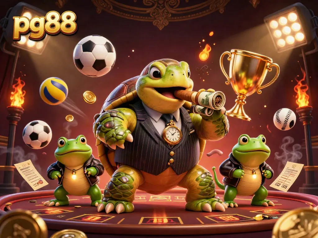 Experience excitement at pg88 with a vibrant casino scene featuring a snapping turtle in a pinstripe suit.