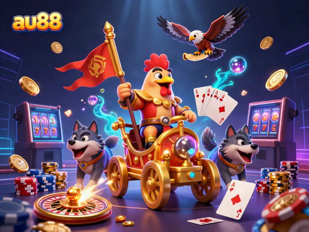 Experience casino adventures with au88's cartoon rooster warlord in a vibrant, dynamic scene!